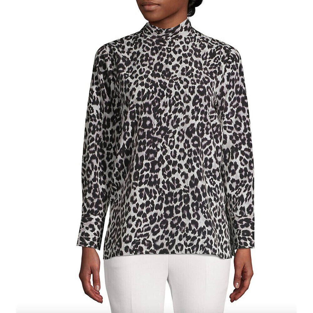 IMNYC Isaac Mizrahi Mockneck Long Sleeve Blouse Grey Leopard Size M NWT